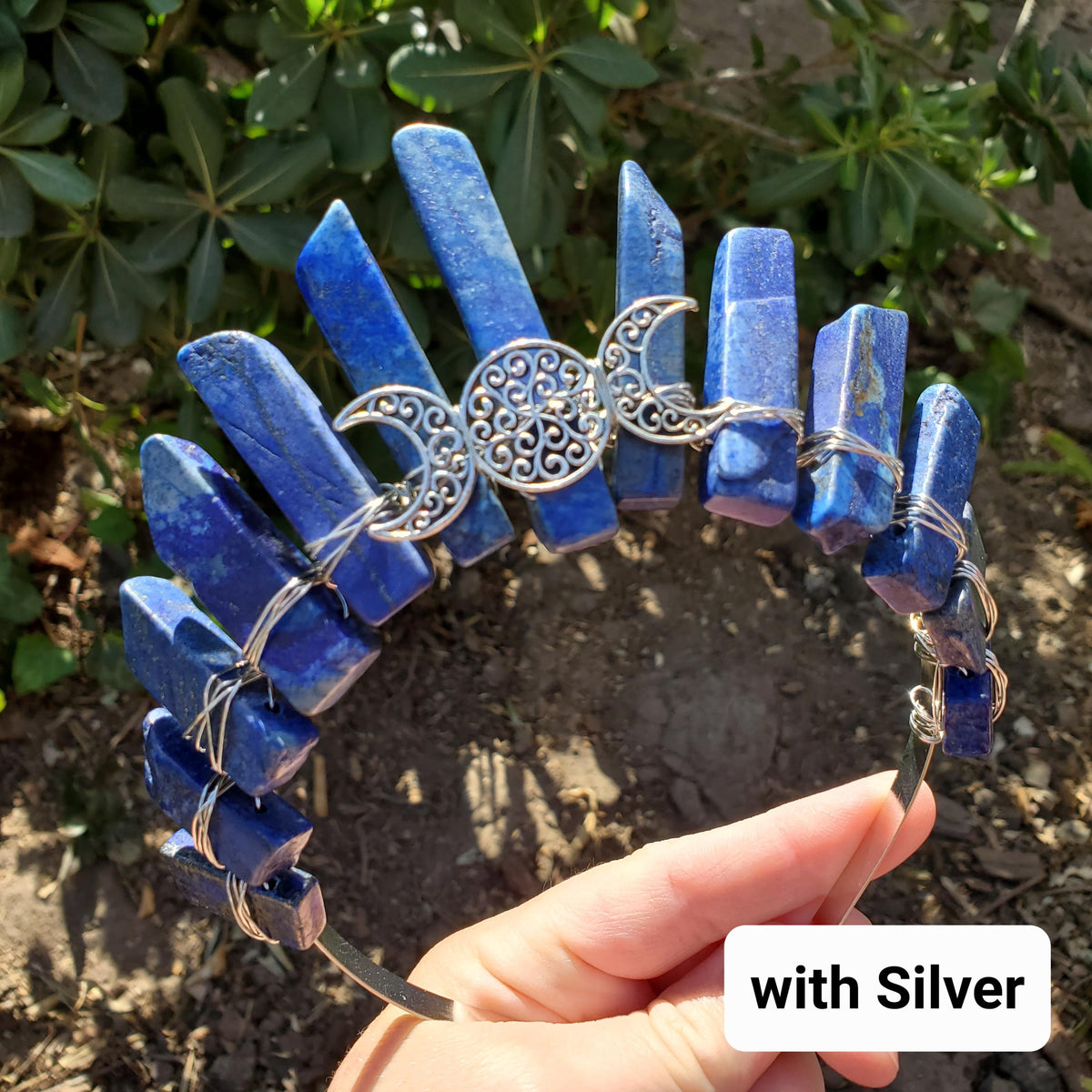 Lapis Lazuli Crown with Gold / Silver Triple Moon - Speak Your Truth, Self Expression, Communication - Lapiz Goddess Crown Gemstone Party
