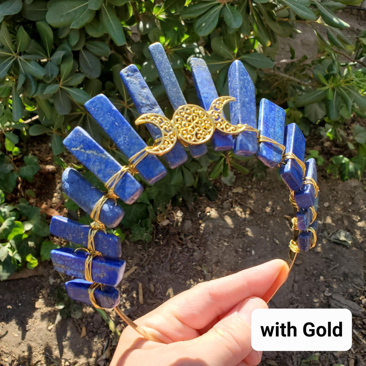 Lapis Lazuli Crown with Gold / Silver Triple Moon - Speak Your Truth, Self Expression, Communication - Lapiz Goddess Crown Gemstone Party