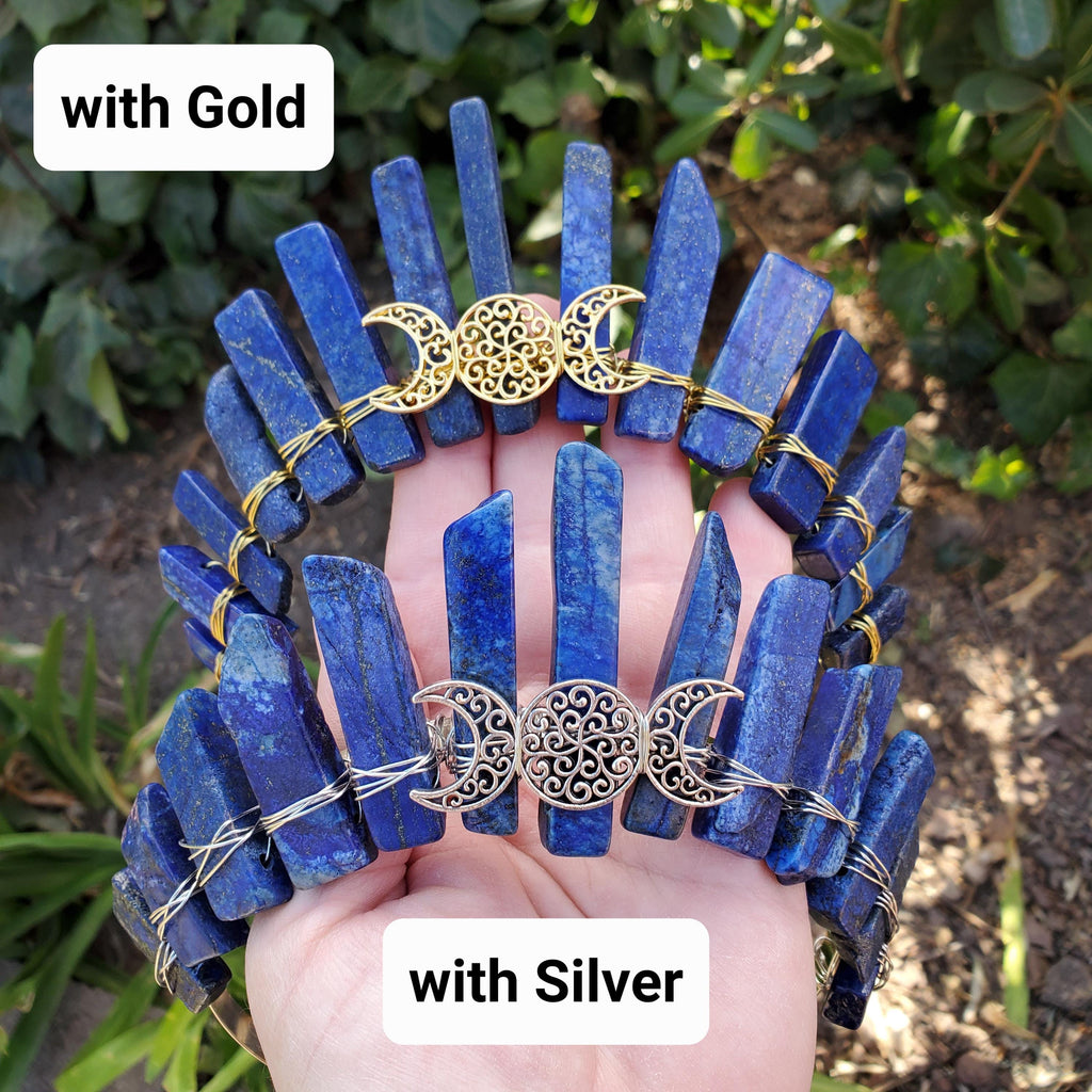Lapis Lazuli Crown with Gold / Silver Triple Moon - Speak Your Truth, Self Expression, Communication - Lapiz Goddess Crown Gemstone Party