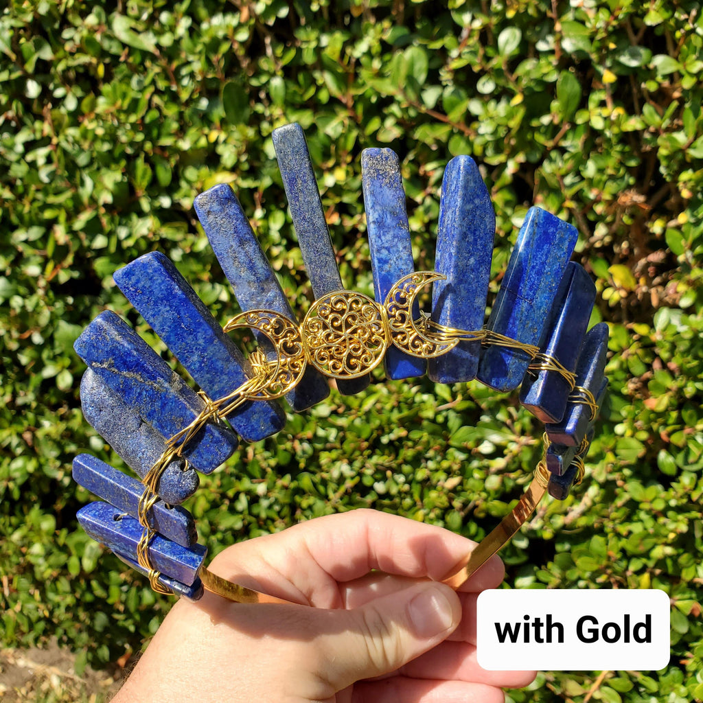 Lapis Lazuli Crown with Gold / Silver Triple Moon - Speak Your Truth, Self Expression, Communication - Lapiz Goddess Crown Gemstone Party