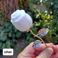 Small White Jade Rose with Metal Stem - Brings in Joy, Peace, Calm & Love Energy - White Flower Stone Carving Healing Gemstones