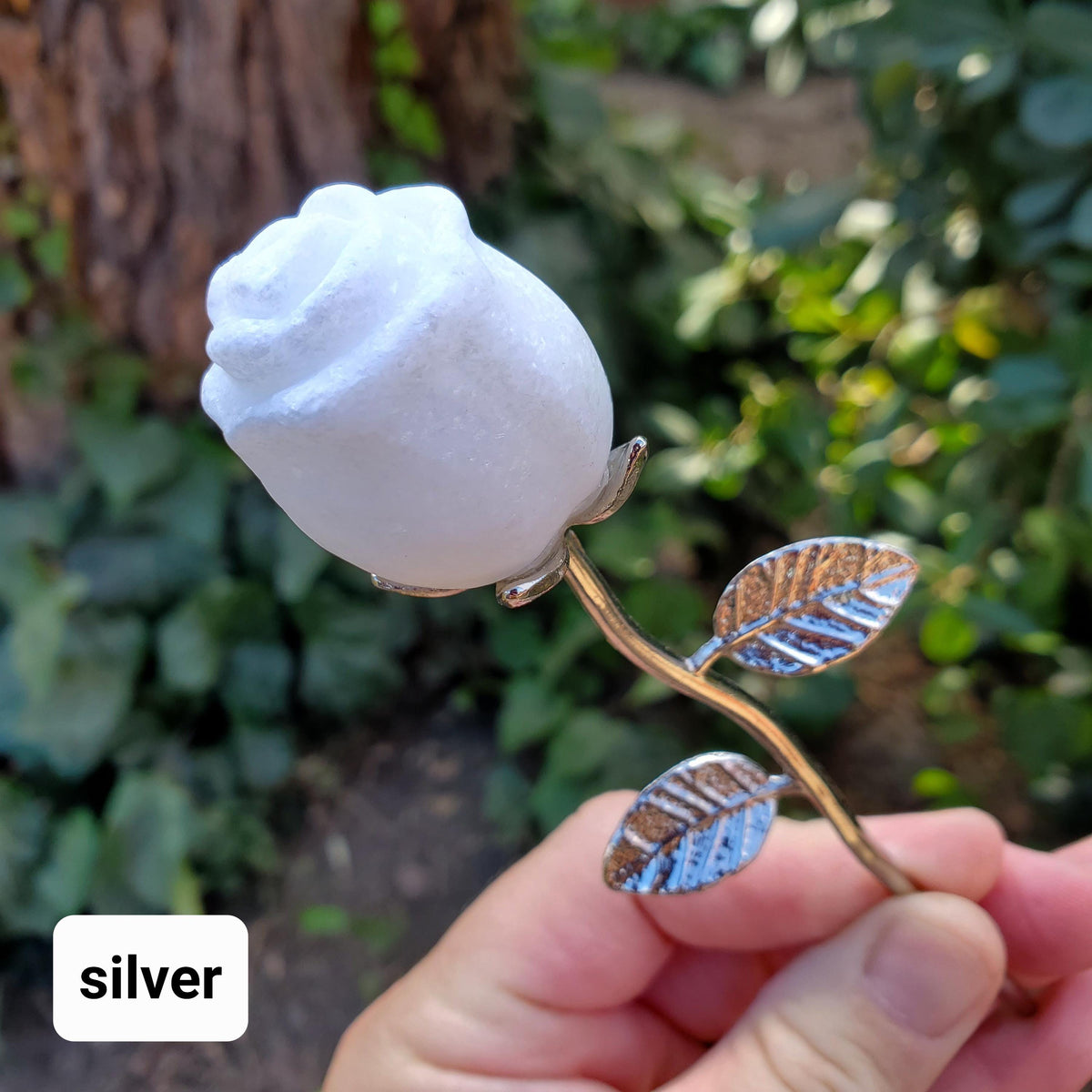 Small White Jade Rose with Metal Stem - Brings in Joy, Peace, Calm & Love Energy - White Flower Stone Carving Healing Gemstones
