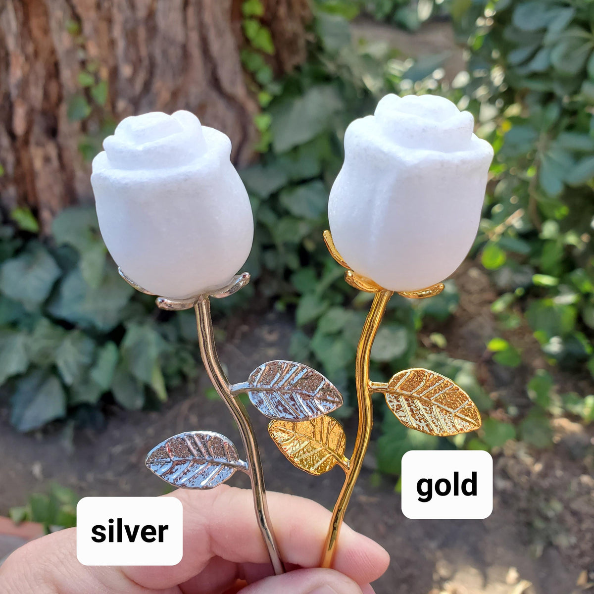Small White Jade Rose with Metal Stem - Brings in Joy, Peace, Calm & Love Energy - White Flower Stone Carving Healing Gemstones