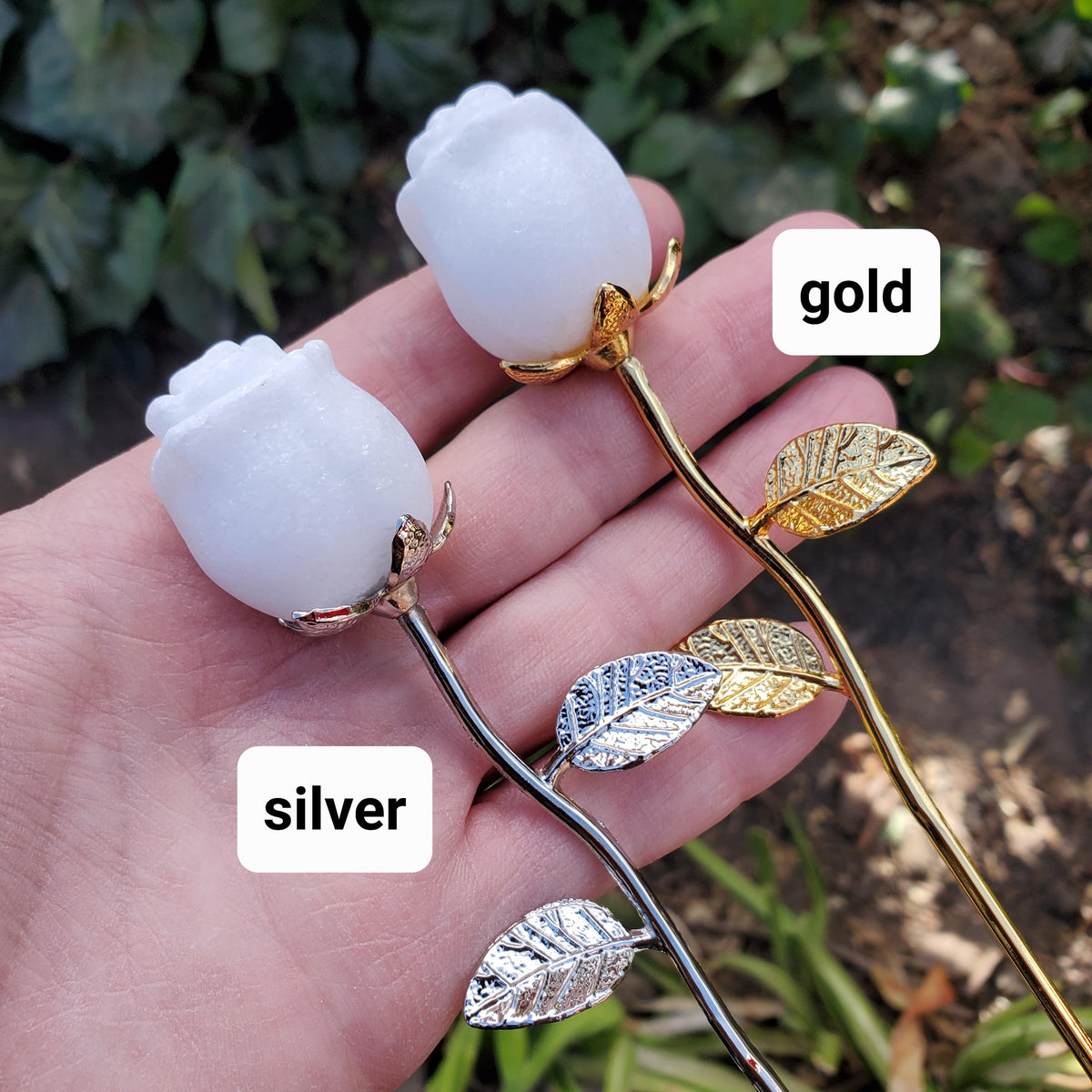 Small White Jade Rose with Metal Stem - Brings in Joy, Peace, Calm & Love Energy - White Flower Stone Carving Healing Gemstones