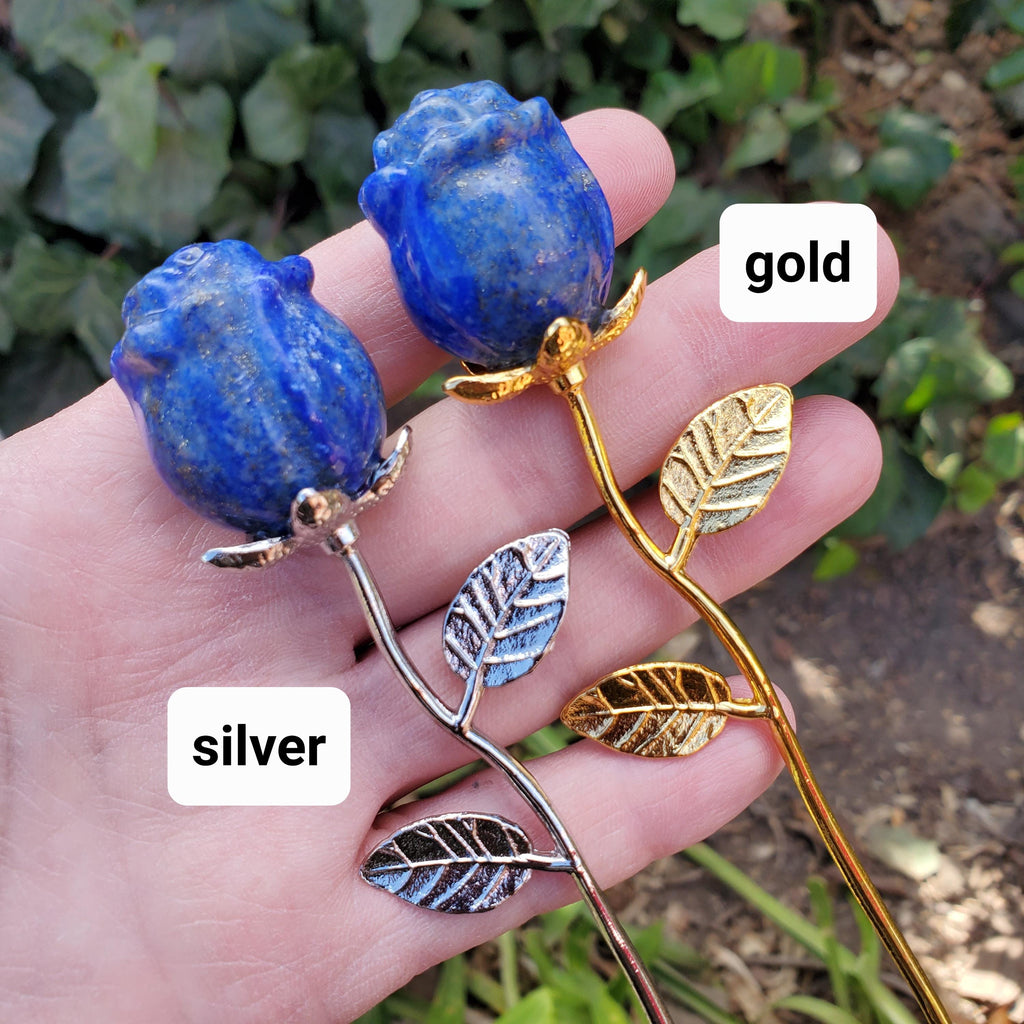 Lapis Lazuli Rose on Metal Stem - Speak Your Truth, Communication, Personal Power - Lapiz Crystal Flower Stone Healing Gemstone