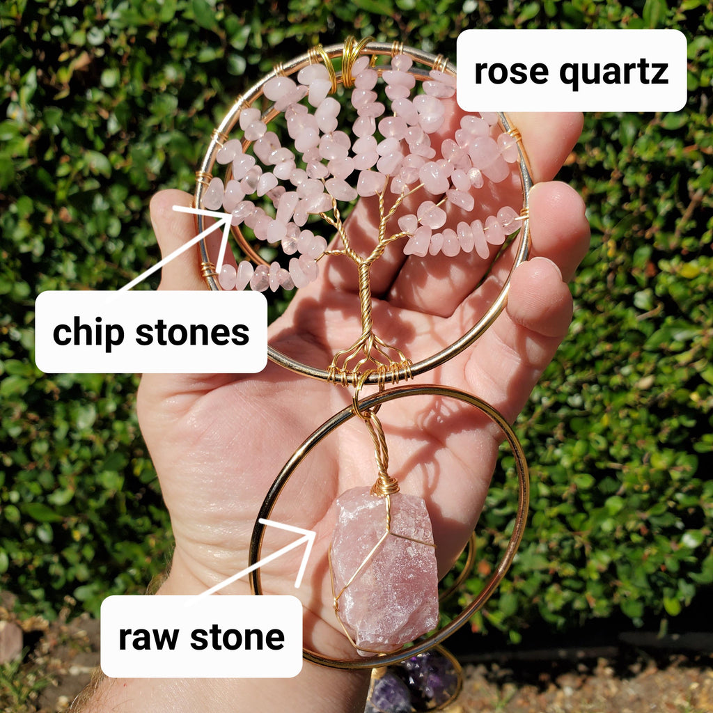 18" Crystal Tree and Raw Stone Wall Decor in Gold - Amethyst (Calming), Rose Quartz (Unconditional Love), Clear Quartz (Cleanse & Magnify)