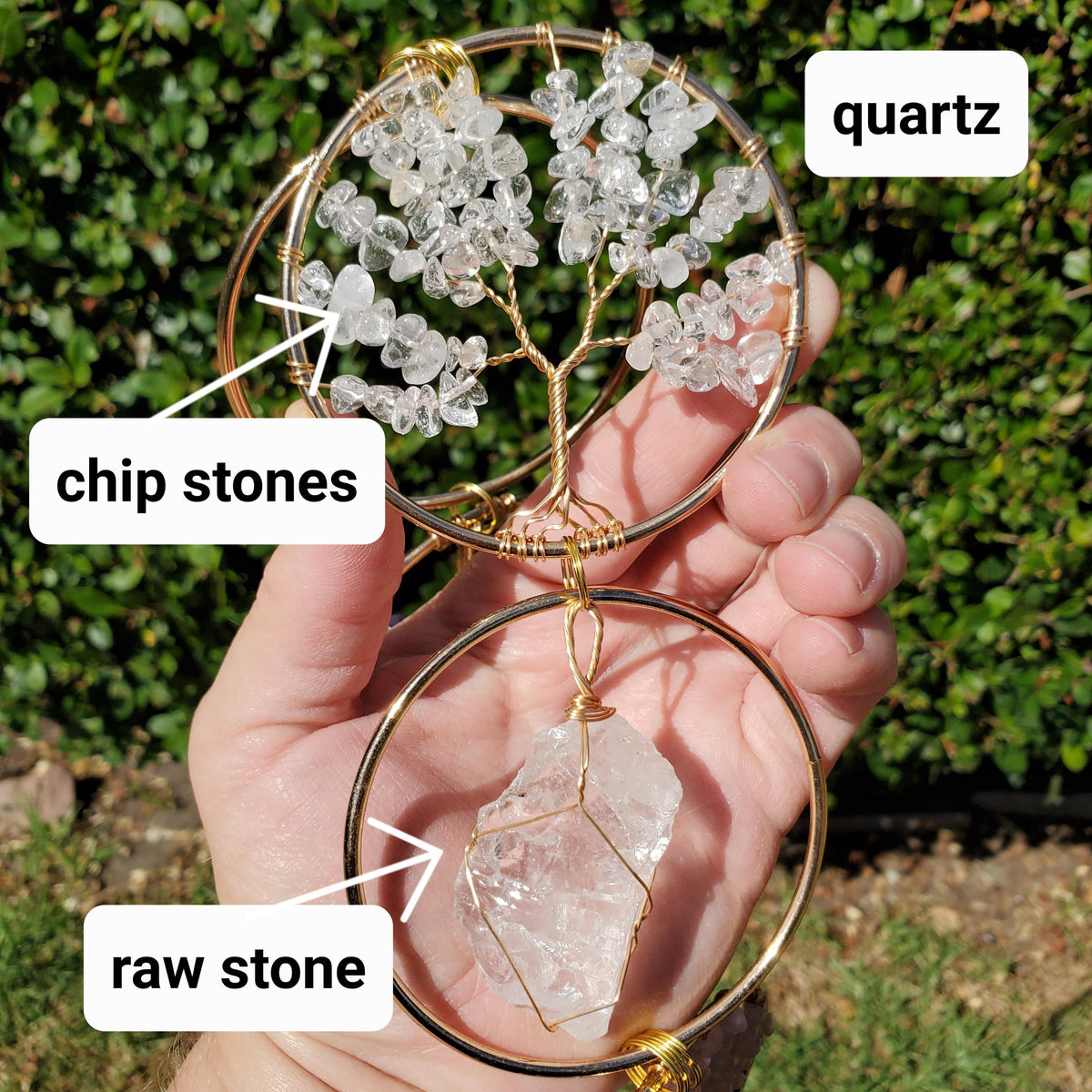 18" Crystal Tree and Raw Stone Wall Decor in Gold - Amethyst (Calming), Rose Quartz (Unconditional Love), Clear Quartz (Cleanse & Magnify)