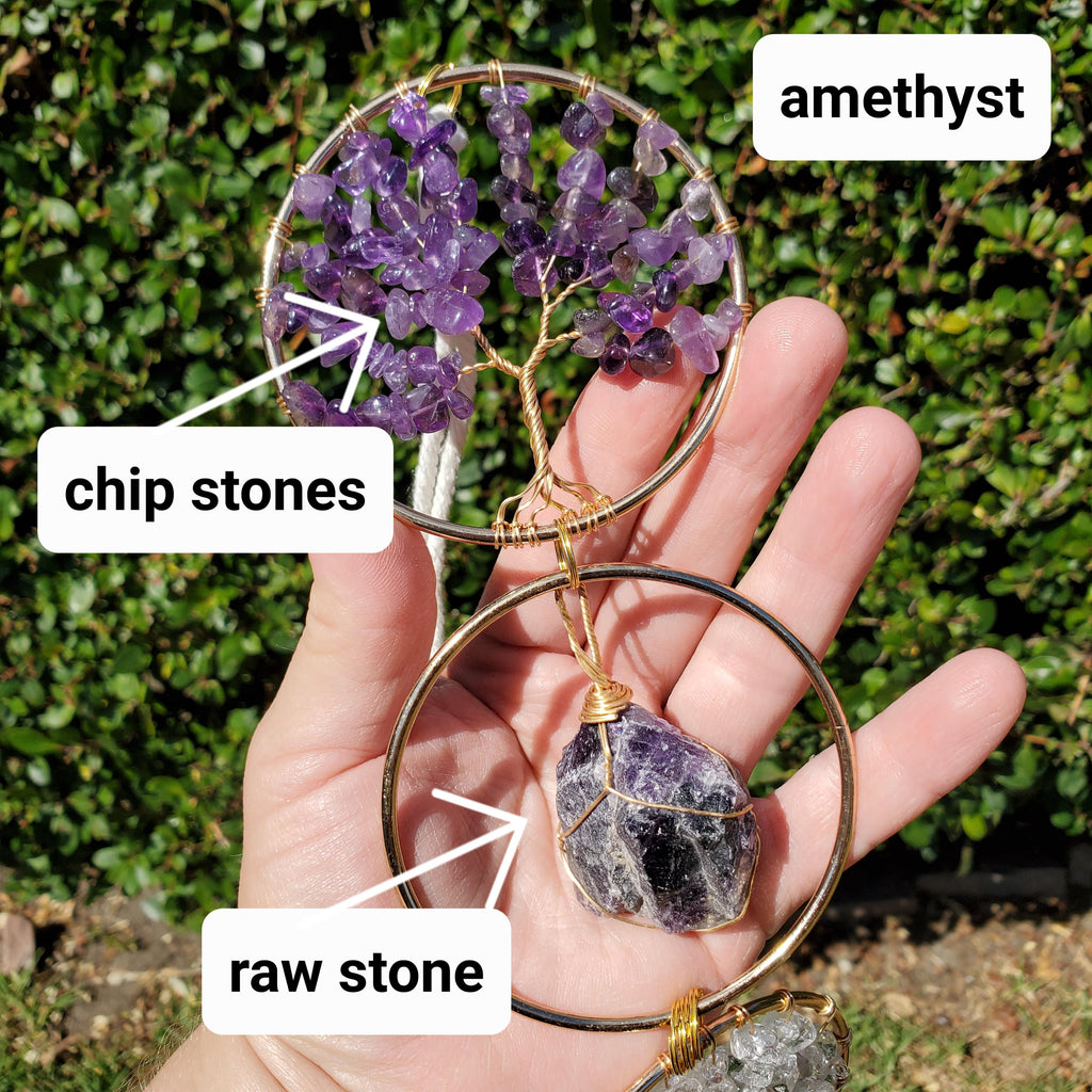 18" Crystal Tree and Raw Stone Wall Decor in Gold - Amethyst (Calming), Rose Quartz (Unconditional Love), Clear Quartz (Cleanse & Magnify)