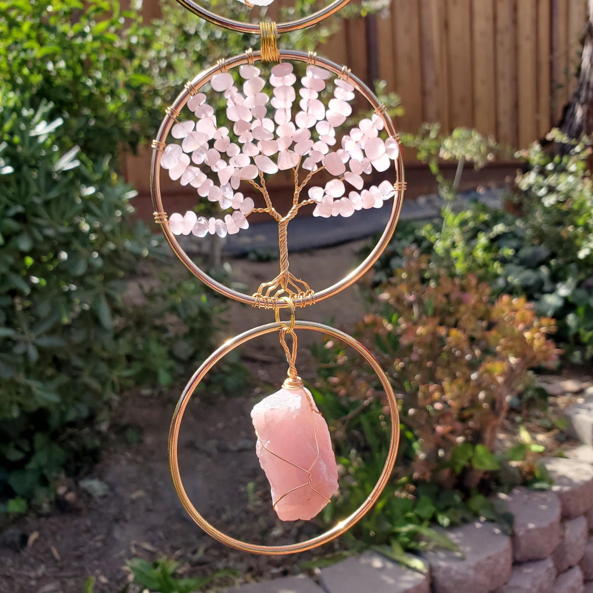 18" Crystal Tree and Raw Stone Wall Decor in Gold - Amethyst (Calming), Rose Quartz (Unconditional Love), Clear Quartz (Cleanse & Magnify)