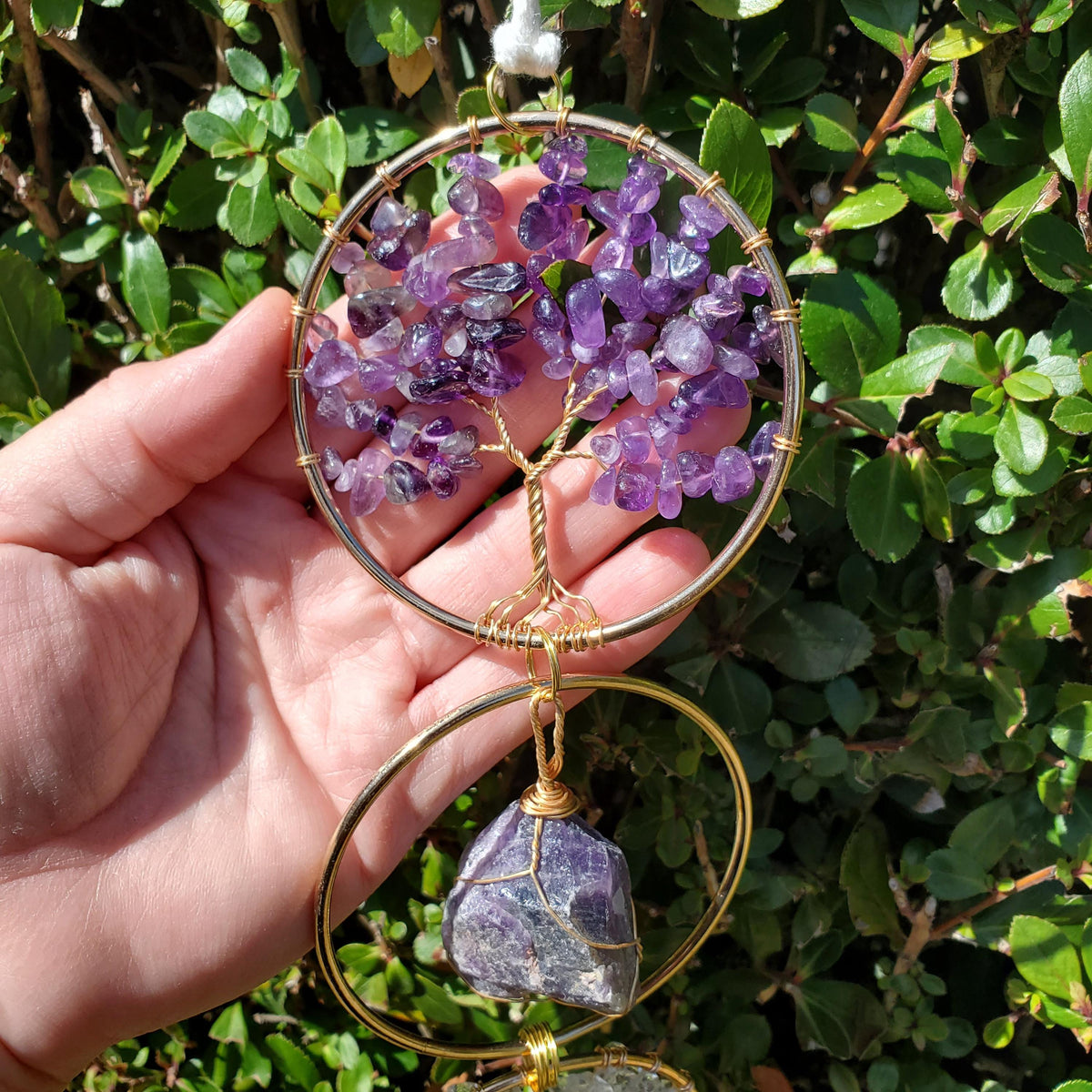 18" Crystal Tree and Raw Stone Wall Decor in Gold - Amethyst (Calming), Rose Quartz (Unconditional Love), Clear Quartz (Cleanse & Magnify)