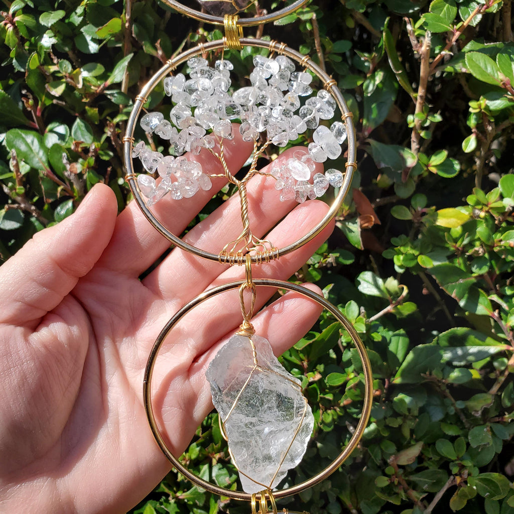 18" Crystal Tree and Raw Stone Wall Decor in Gold - Amethyst (Calming), Rose Quartz (Unconditional Love), Clear Quartz (Cleanse & Magnify)