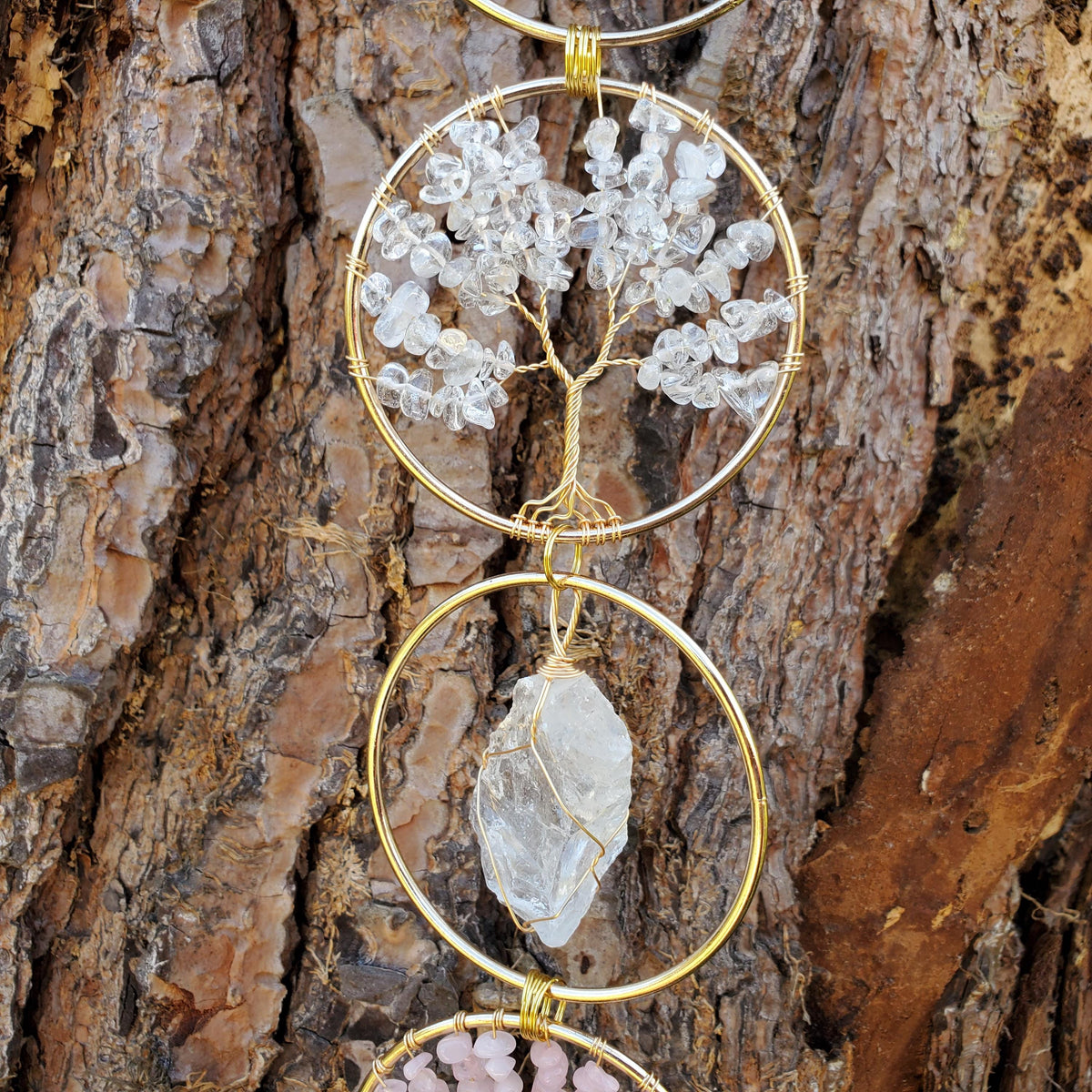 18" Crystal Tree and Raw Stone Wall Decor in Gold - Amethyst (Calming), Rose Quartz (Unconditional Love), Clear Quartz (Cleanse & Magnify)