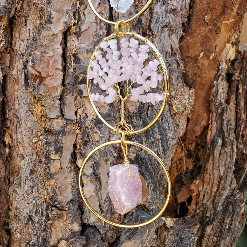 18" Crystal Tree and Raw Stone Wall Decor in Gold - Amethyst (Calming), Rose Quartz (Unconditional Love), Clear Quartz (Cleanse & Magnify)