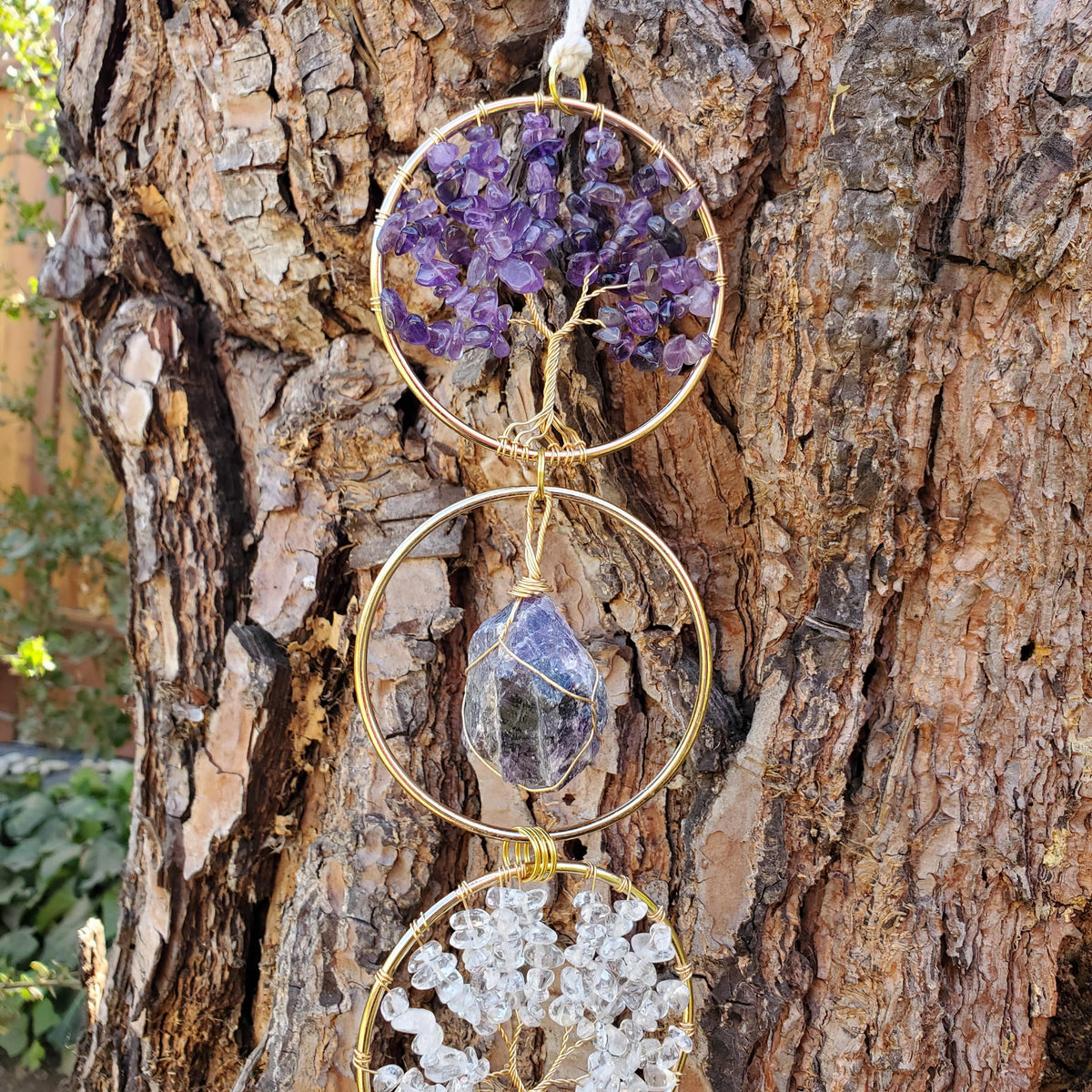 18" Crystal Tree and Raw Stone Wall Decor in Gold - Amethyst (Calming), Rose Quartz (Unconditional Love), Clear Quartz (Cleanse & Magnify)