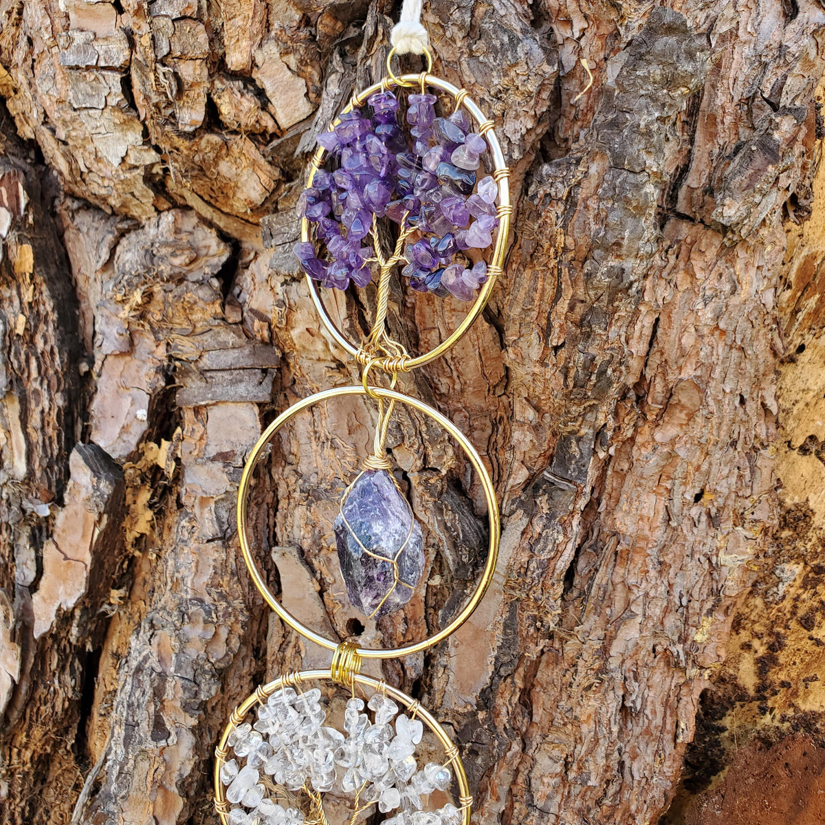 18" Crystal Tree and Raw Stone Wall Decor in Gold - Amethyst (Calming), Rose Quartz (Unconditional Love), Clear Quartz (Cleanse & Magnify)