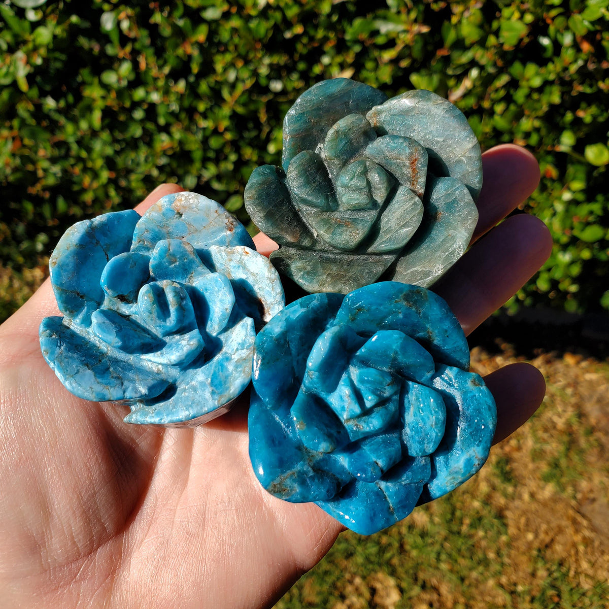 Blue Apatite Chunky Blooming Rosebud - Intuition, Mental Clarity, Communication, Manifestation - Crystal Rose Standing Flower Carving Decor