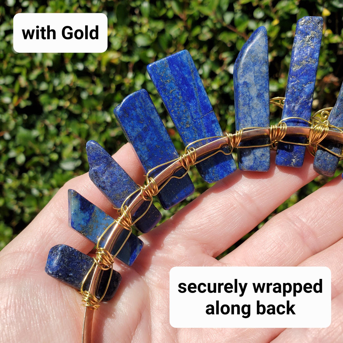 Lapis Lazuli Crown with Gold / Silver Triple Moon - Speak Your Truth, Self Expression, Communication - Lapiz Goddess Crown Gemstone Party