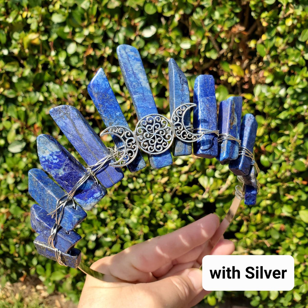 Lapis Lazuli Crown with Gold / Silver Triple Moon - Speak Your Truth, Self Expression, Communication - Lapiz Goddess Crown Gemstone Party