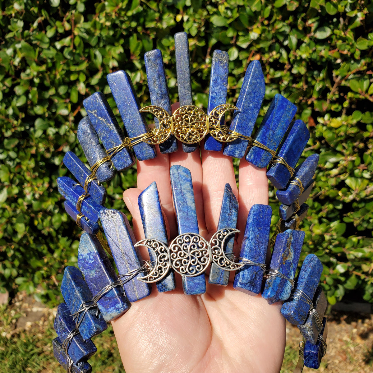 Lapis Lazuli Crown with Gold / Silver Triple Moon - Speak Your Truth, Self Expression, Communication - Lapiz Goddess Crown Gemstone Party