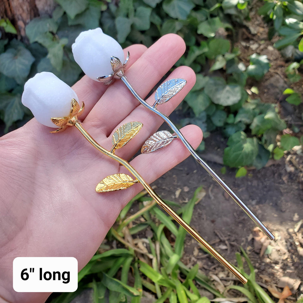 Small White Jade Rose with Metal Stem - Brings in Joy, Peace, Calm & Love Energy - White Flower Stone Carving Healing Gemstones