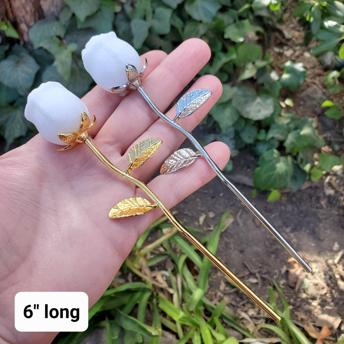 Small White Jade Rose with Metal Stem - Brings in Joy, Peace, Calm & Love Energy - White Flower Stone Carving Healing Gemstones