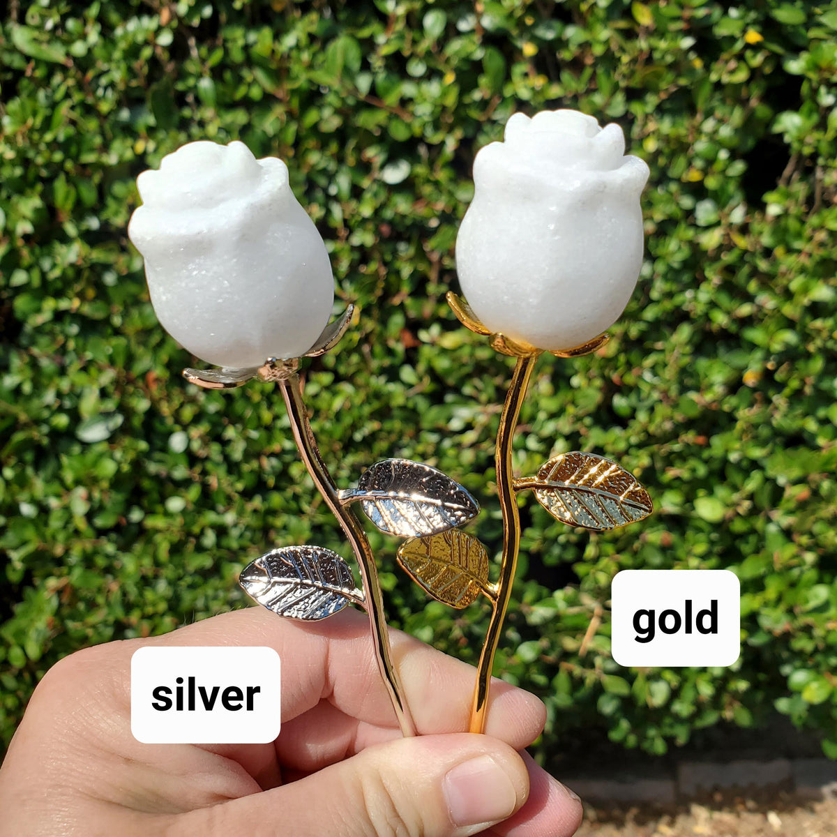 Small White Jade Rose with Metal Stem - Brings in Joy, Peace, Calm & Love Energy - White Flower Stone Carving Healing Gemstones