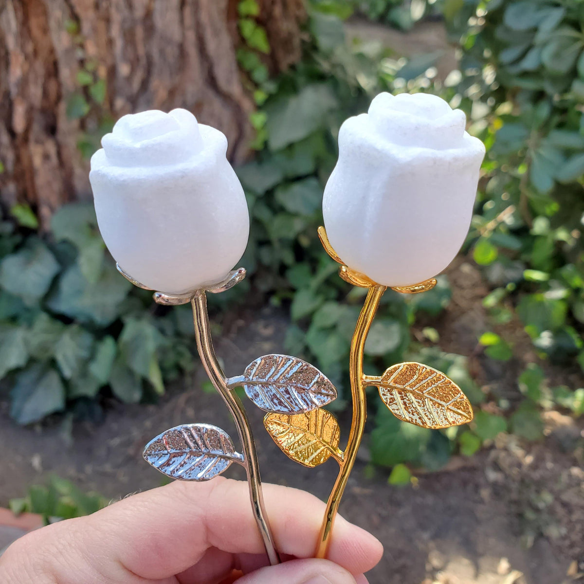 Small White Jade Rose with Metal Stem - Brings in Joy, Peace, Calm & Love Energy - White Flower Stone Carving Healing Gemstones
