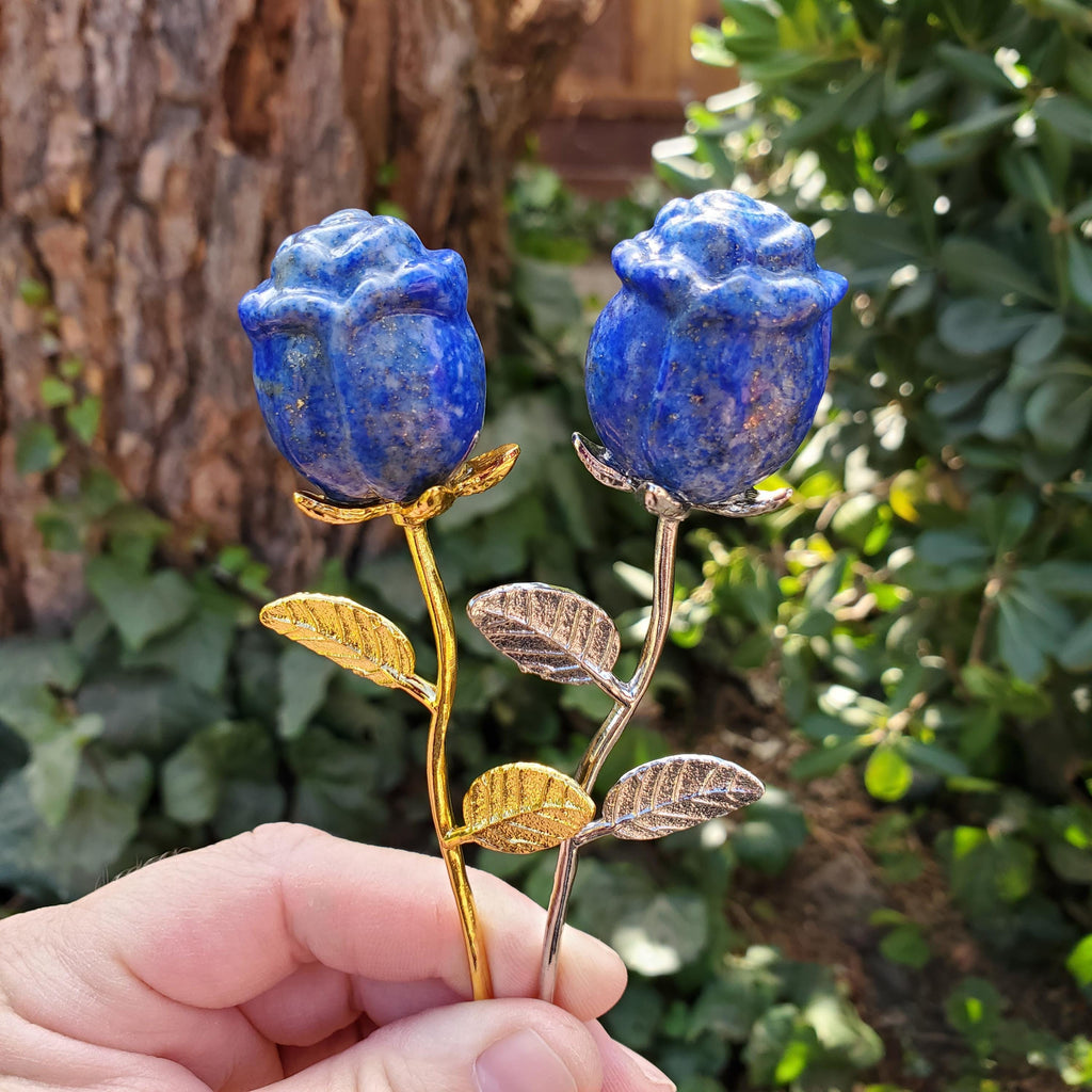 Lapis Lazuli Rose on Metal Stem - Speak Your Truth, Communication, Personal Power - Lapiz Crystal Flower Stone Healing Gemstone
