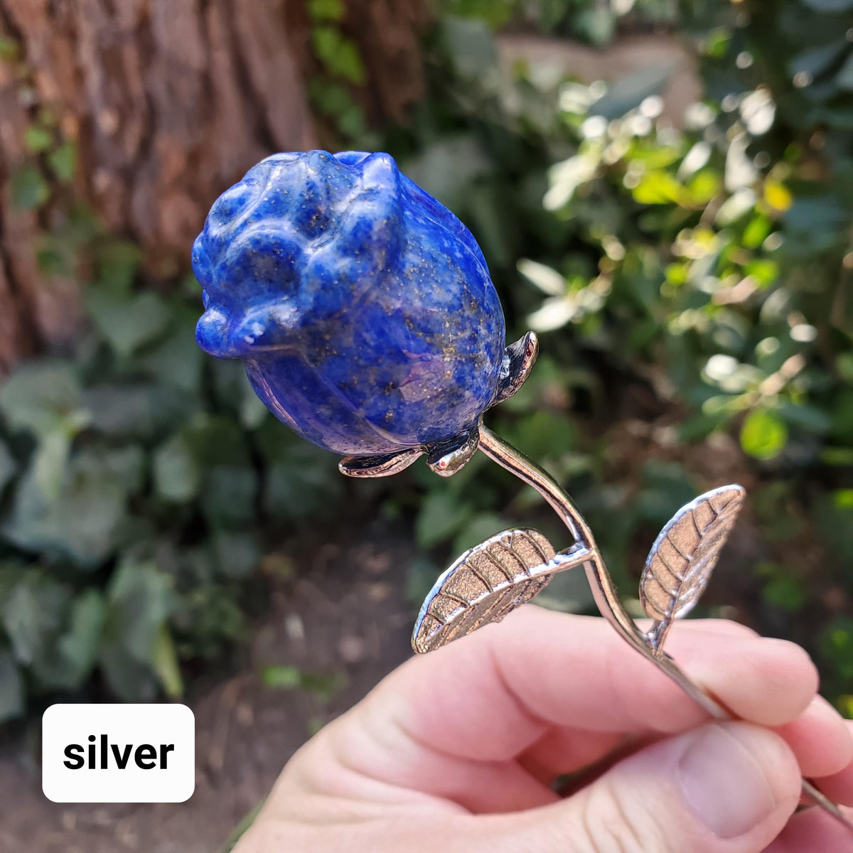 Lapis Lazuli Rose on Metal Stem - Speak Your Truth, Communication, Personal Power - Lapiz Crystal Flower Stone Healing Gemstone