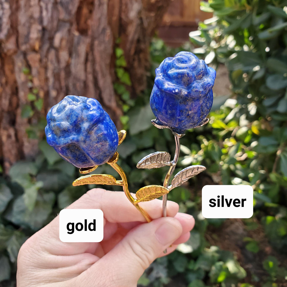 Lapis Lazuli Rose on Metal Stem - Speak Your Truth, Communication, Personal Power - Lapiz Crystal Flower Stone Healing Gemstone
