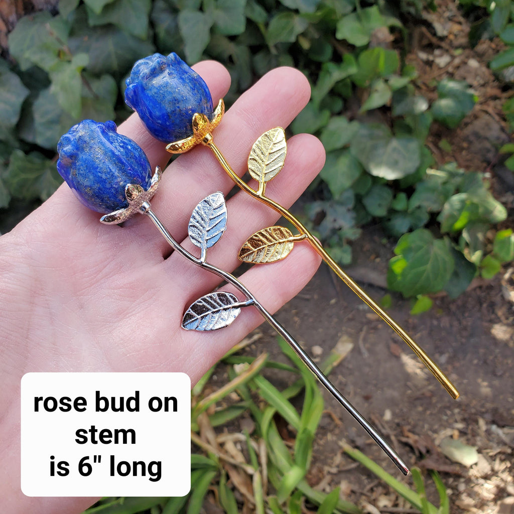 Lapis Lazuli Rose on Metal Stem - Speak Your Truth, Communication, Personal Power - Lapiz Crystal Flower Stone Healing Gemstone