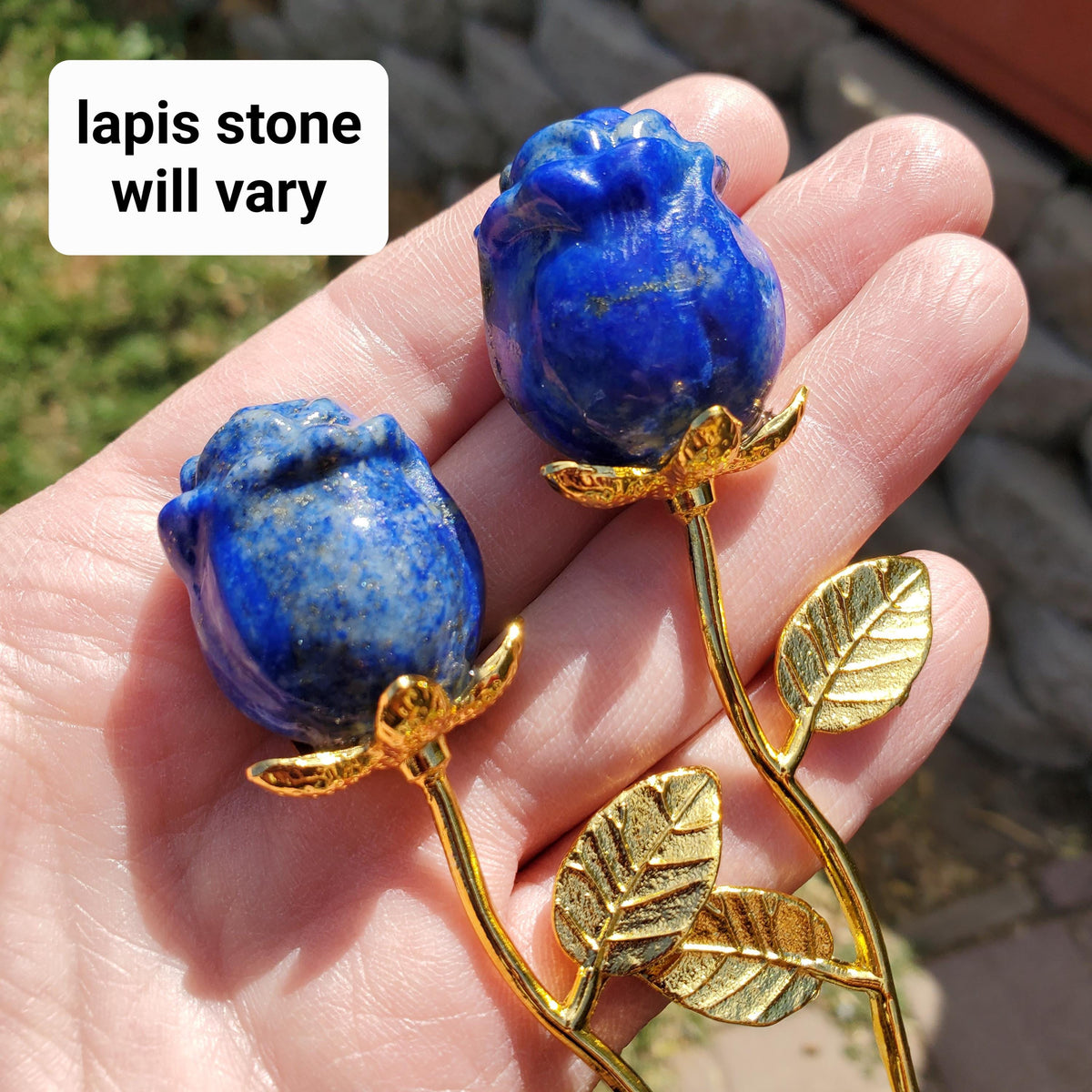 Lapis Lazuli Rose on Metal Stem - Speak Your Truth, Communication, Personal Power - Lapiz Crystal Flower Stone Healing Gemstone