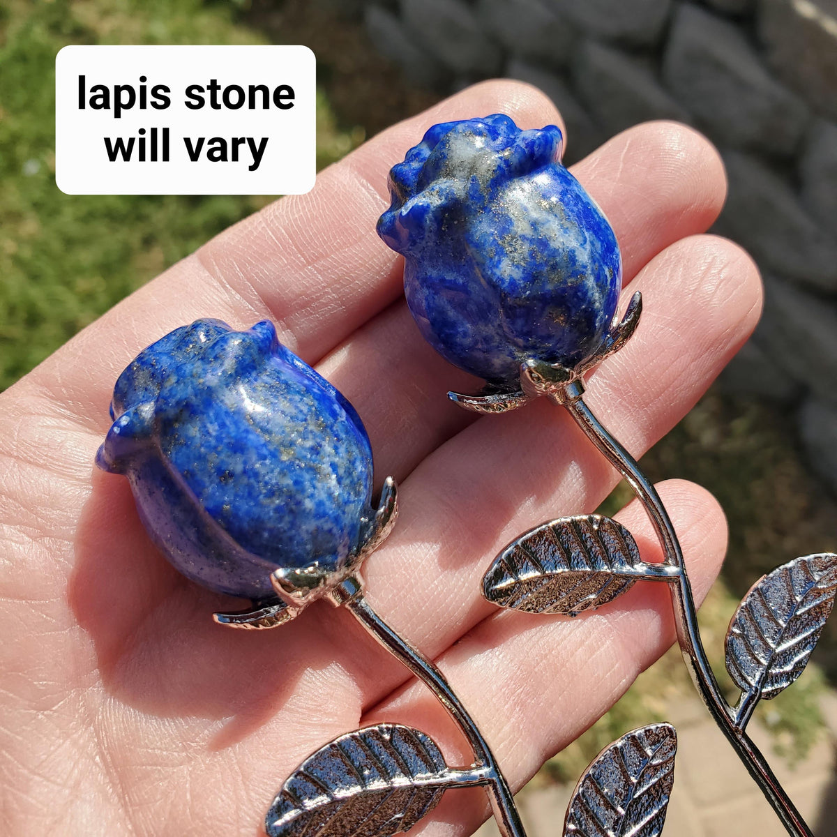 Lapis Lazuli Rose on Metal Stem - Speak Your Truth, Communication, Personal Power - Lapiz Crystal Flower Stone Healing Gemstone