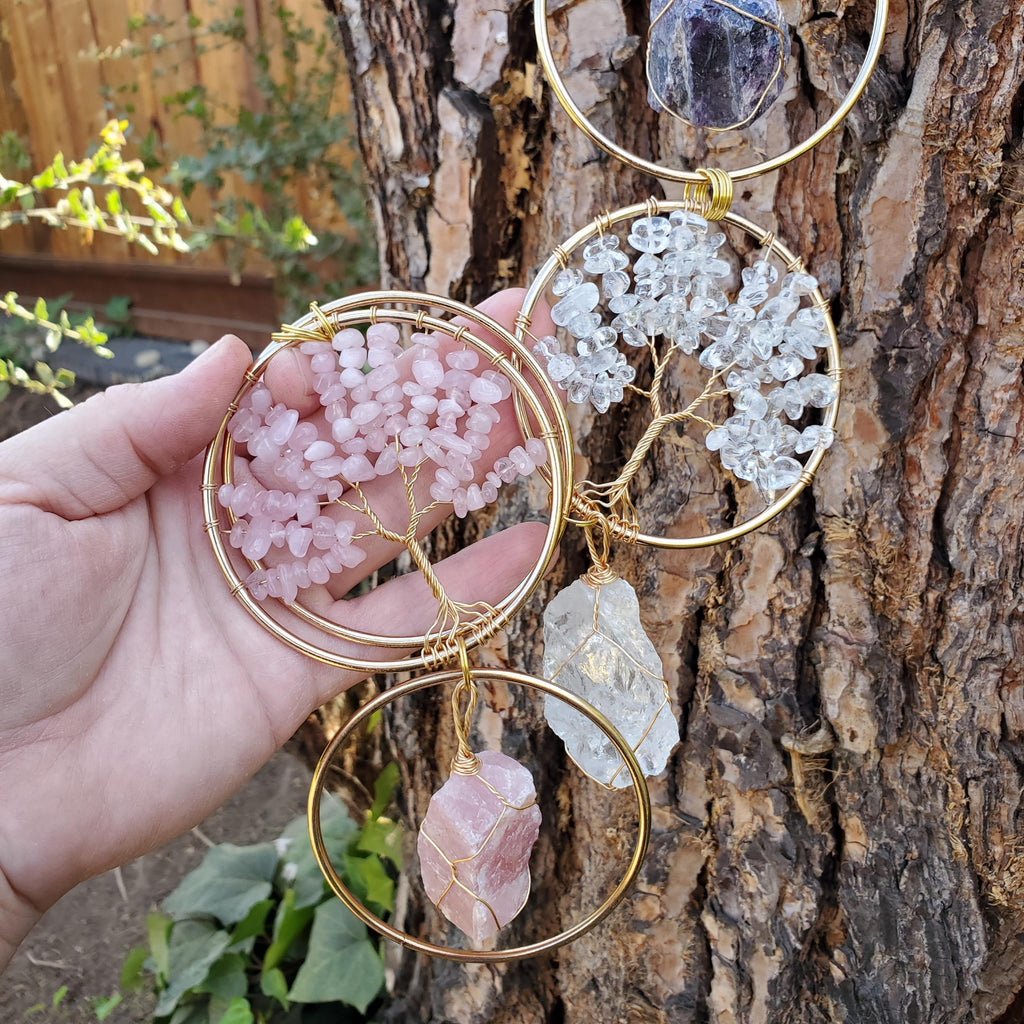 18" Crystal Tree and Raw Stone Wall Decor in Gold - Amethyst (Calming), Rose Quartz (Unconditional Love), Clear Quartz (Cleanse & Magnify)