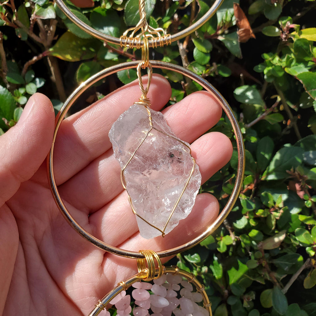 18" Crystal Tree and Raw Stone Wall Decor in Gold - Amethyst (Calming), Rose Quartz (Unconditional Love), Clear Quartz (Cleanse & Magnify)