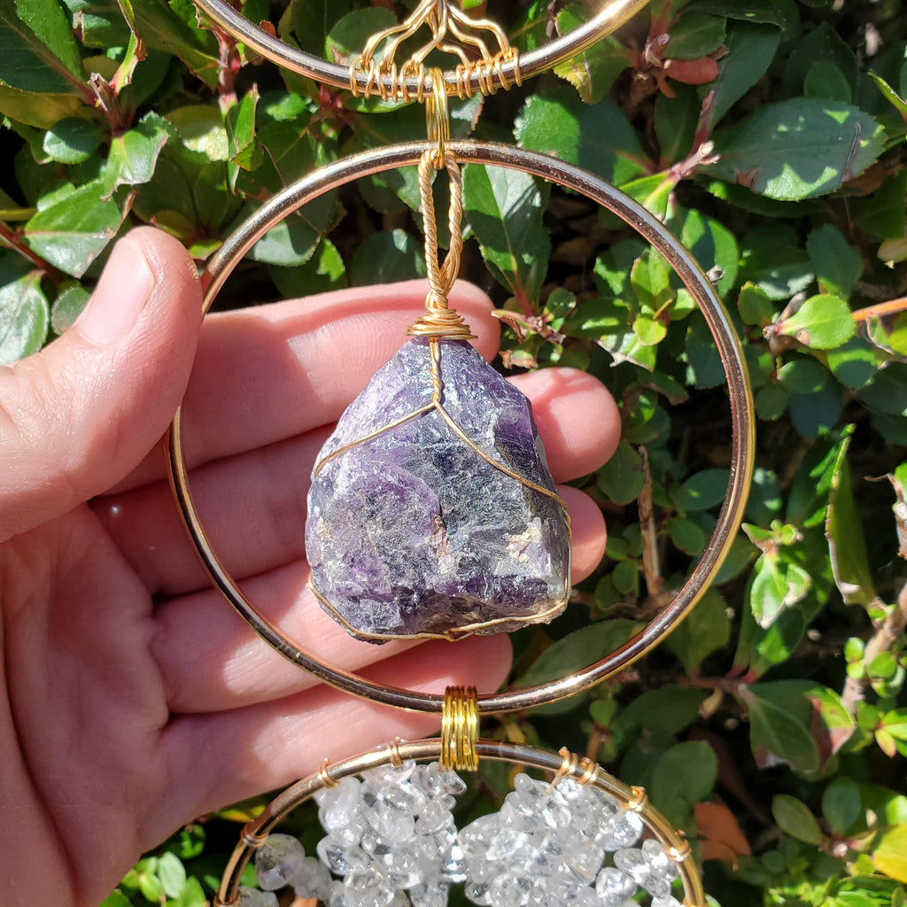 18" Crystal Tree and Raw Stone Wall Decor in Gold - Amethyst (Calming), Rose Quartz (Unconditional Love), Clear Quartz (Cleanse & Magnify)