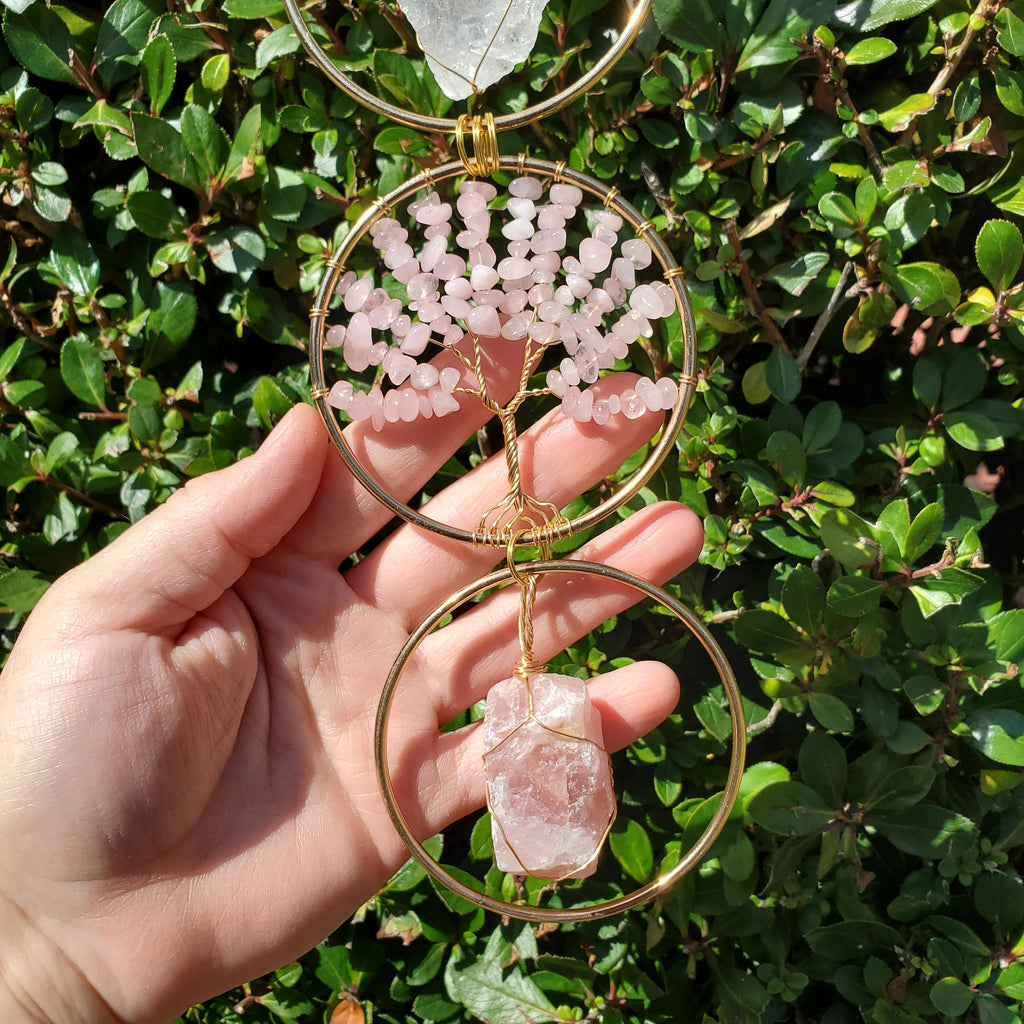 18" Crystal Tree and Raw Stone Wall Decor in Gold - Amethyst (Calming), Rose Quartz (Unconditional Love), Clear Quartz (Cleanse & Magnify)