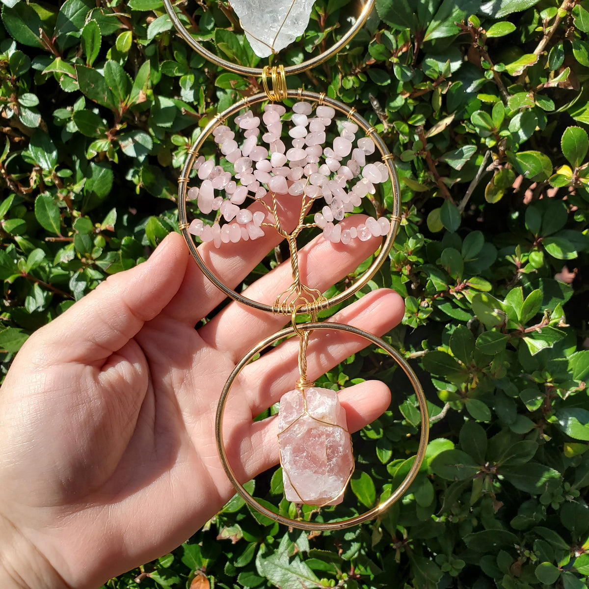 18" Crystal Tree and Raw Stone Wall Decor in Gold - Amethyst (Calming), Rose Quartz (Unconditional Love), Clear Quartz (Cleanse & Magnify)