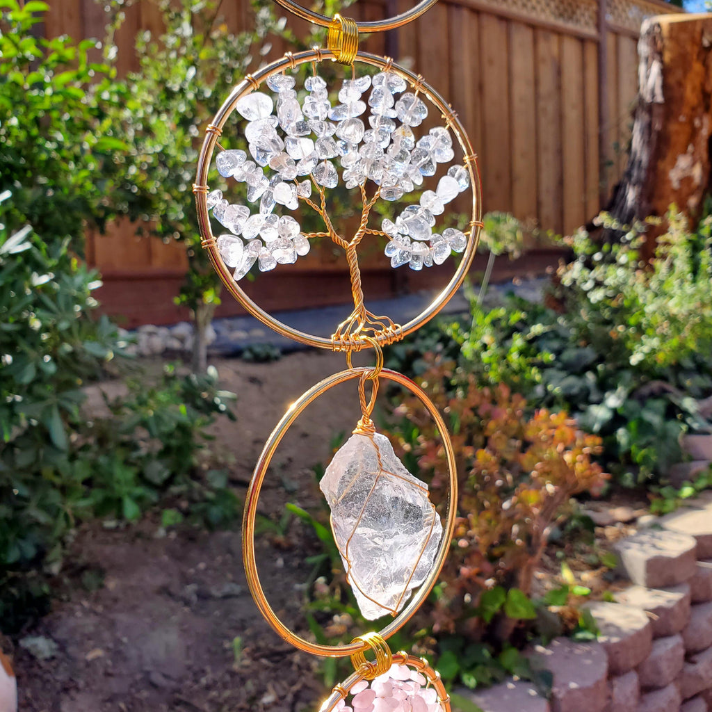 18" Crystal Tree and Raw Stone Wall Decor in Gold - Amethyst (Calming), Rose Quartz (Unconditional Love), Clear Quartz (Cleanse & Magnify)