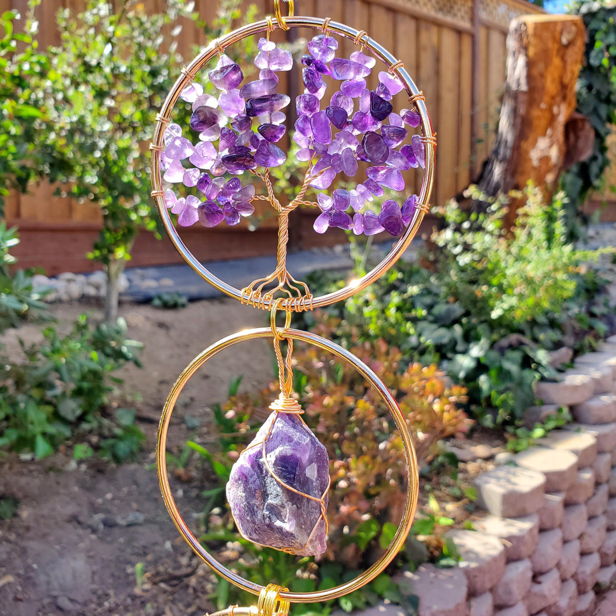 18" Crystal Tree and Raw Stone Wall Decor in Gold - Amethyst (Calming), Rose Quartz (Unconditional Love), Clear Quartz (Cleanse & Magnify)