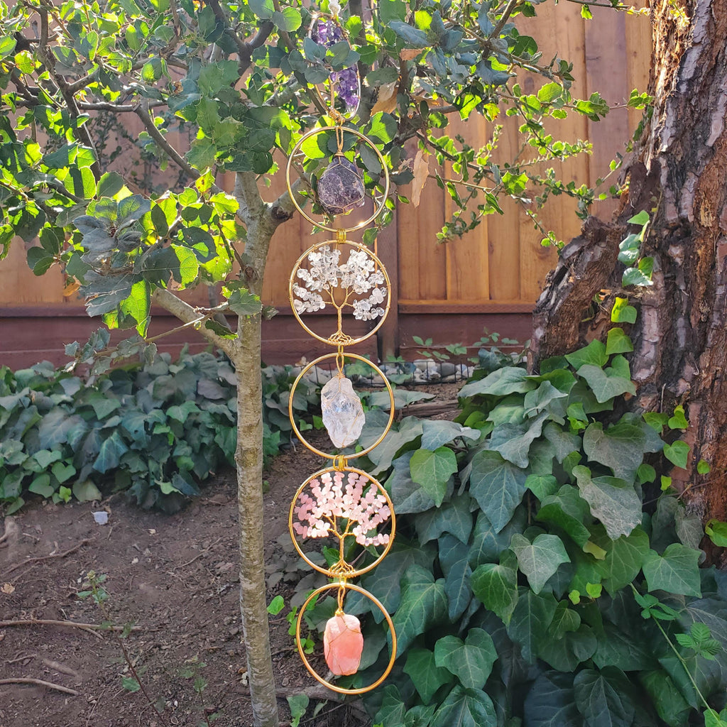 18" Crystal Tree and Raw Stone Wall Decor in Gold - Amethyst (Calming), Rose Quartz (Unconditional Love), Clear Quartz (Cleanse & Magnify)