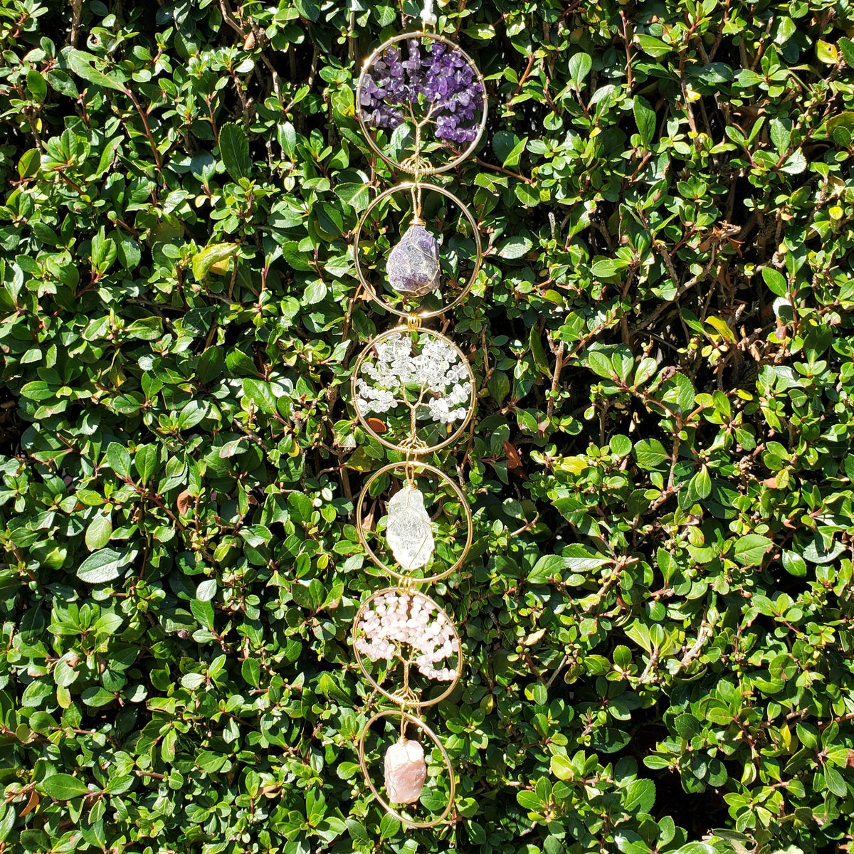 18" Crystal Tree and Raw Stone Wall Decor in Gold - Amethyst (Calming), Rose Quartz (Unconditional Love), Clear Quartz (Cleanse & Magnify)