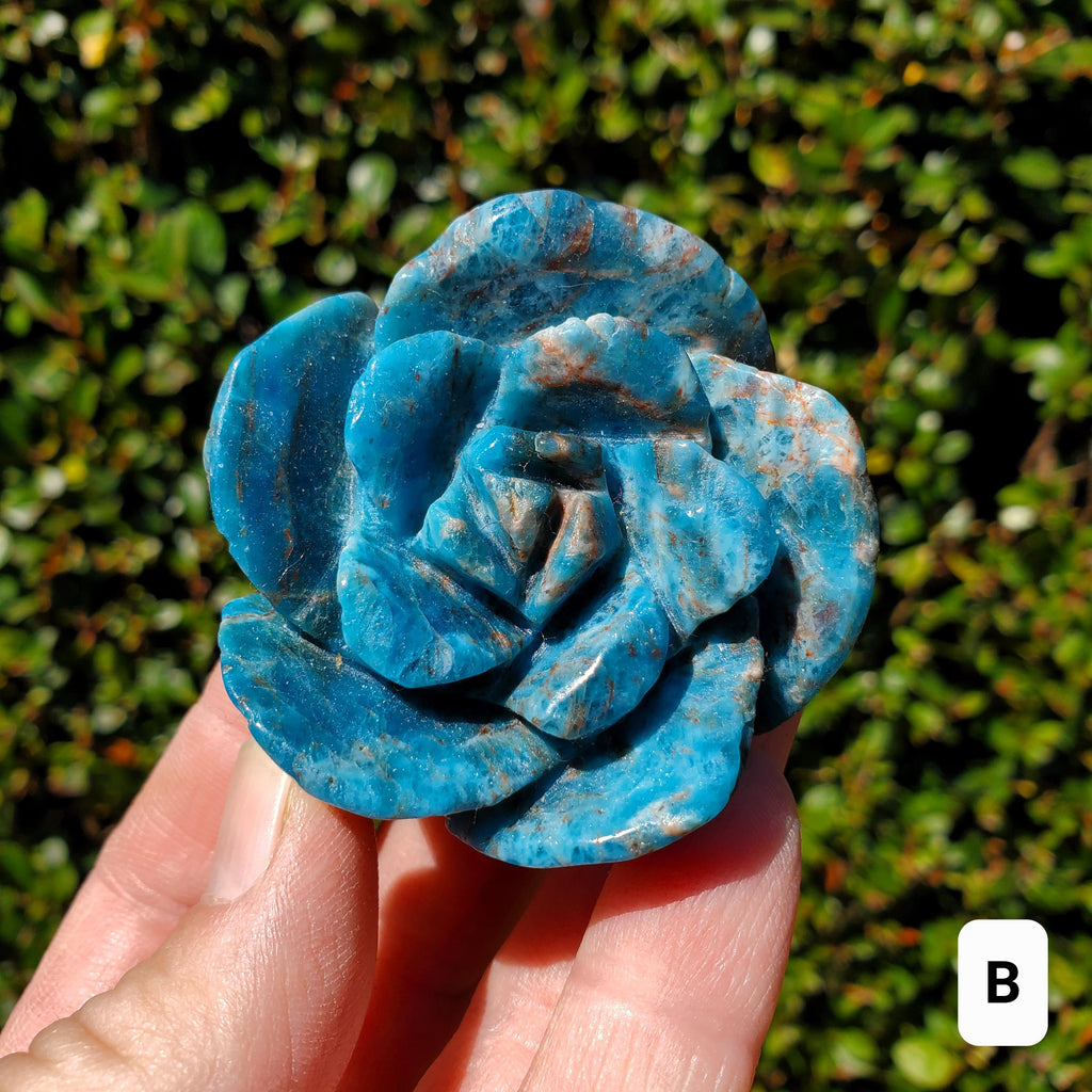 Blue Apatite Chunky Blooming Rosebud - Intuition, Mental Clarity, Communication, Manifestation - Crystal Rose Standing Flower Carving Decor