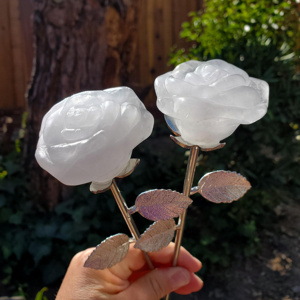 Quartz Long Stem Rose - Master Healer, Counteracts the Negative, Energizes Positive Energy - Clear Quartz Rose Healing Stone Statement