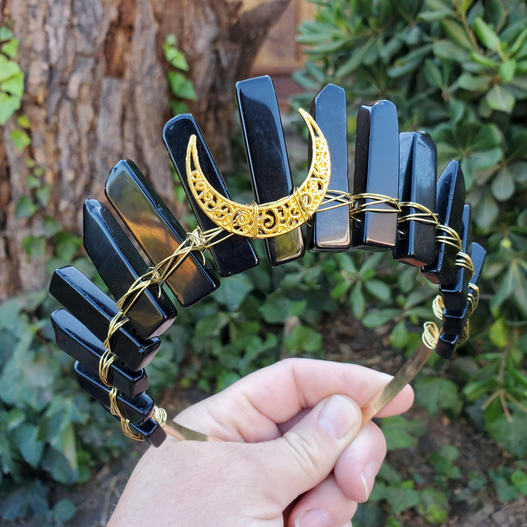 Obsidian Crown with Gold Moon - Self Reflection, Release Negative Energies - Black and Gold Goddess Crown Healing Crystals Headband