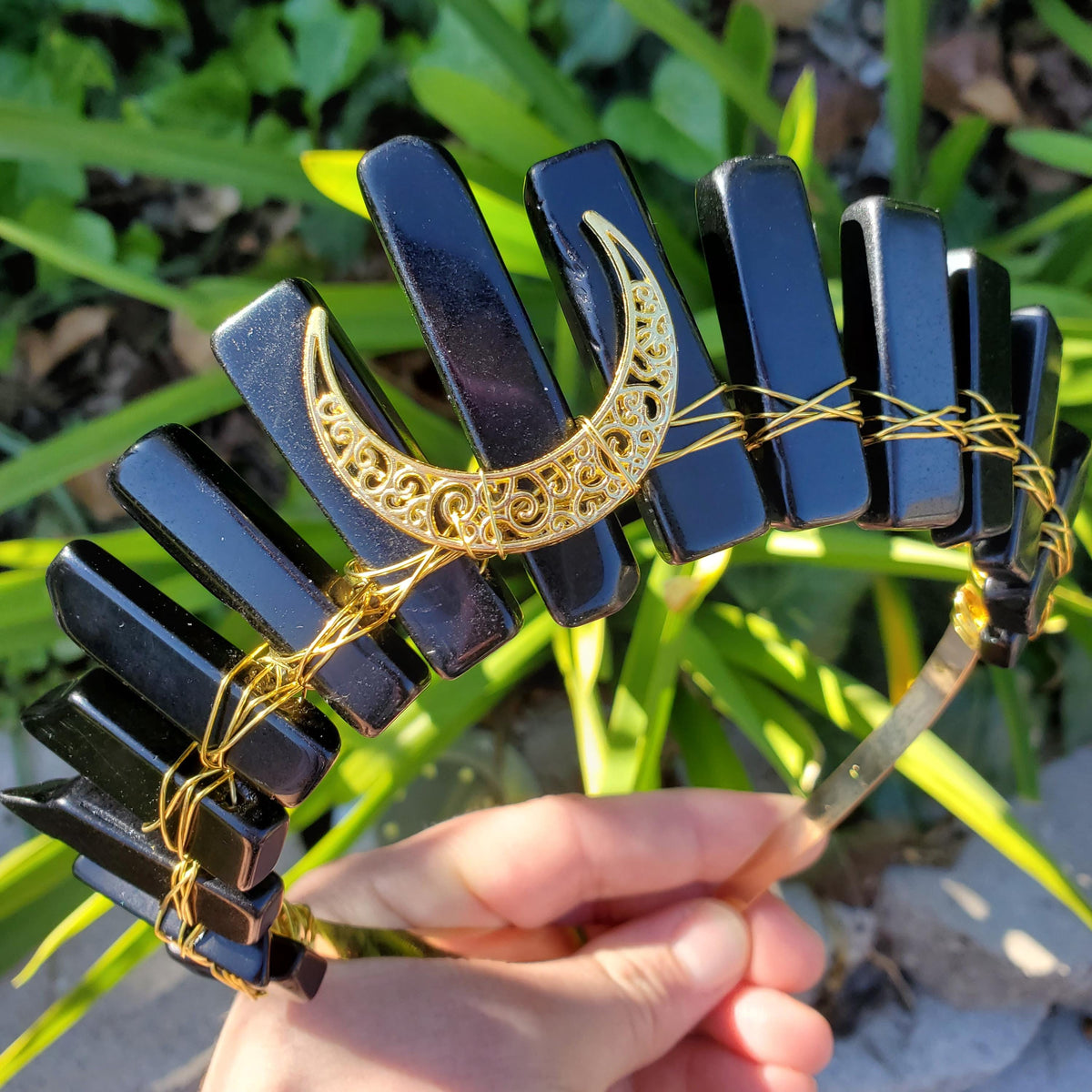 Obsidian Crown with Gold Moon - Self Reflection, Release Negative Energies - Black and Gold Goddess Crown Healing Crystals Headband