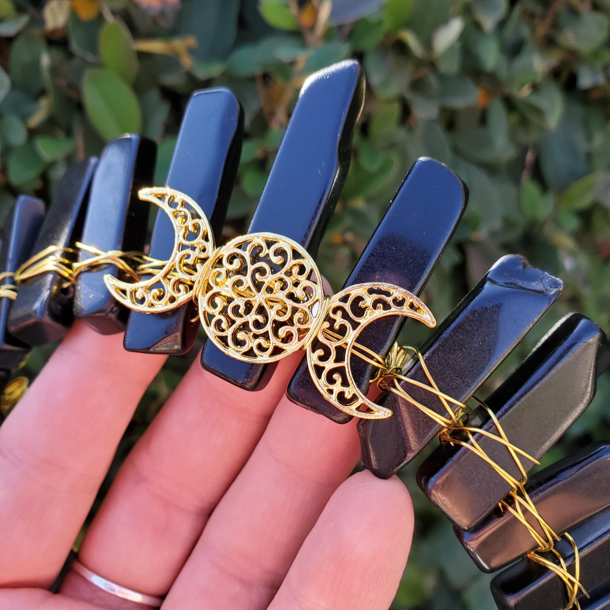 Obsidian Crown with Gold Moon - Self Reflection, Release Negative Energies - Black and Gold Goddess Crown Healing Crystals Headband