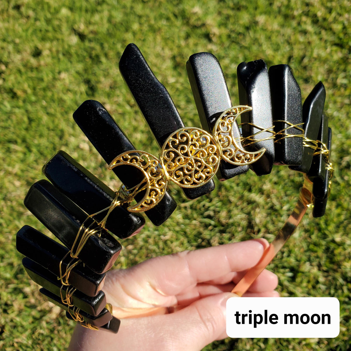 Obsidian Crown with Gold Moon - Self Reflection, Release Negative Energies - Black and Gold Goddess Crown Healing Crystals Headband