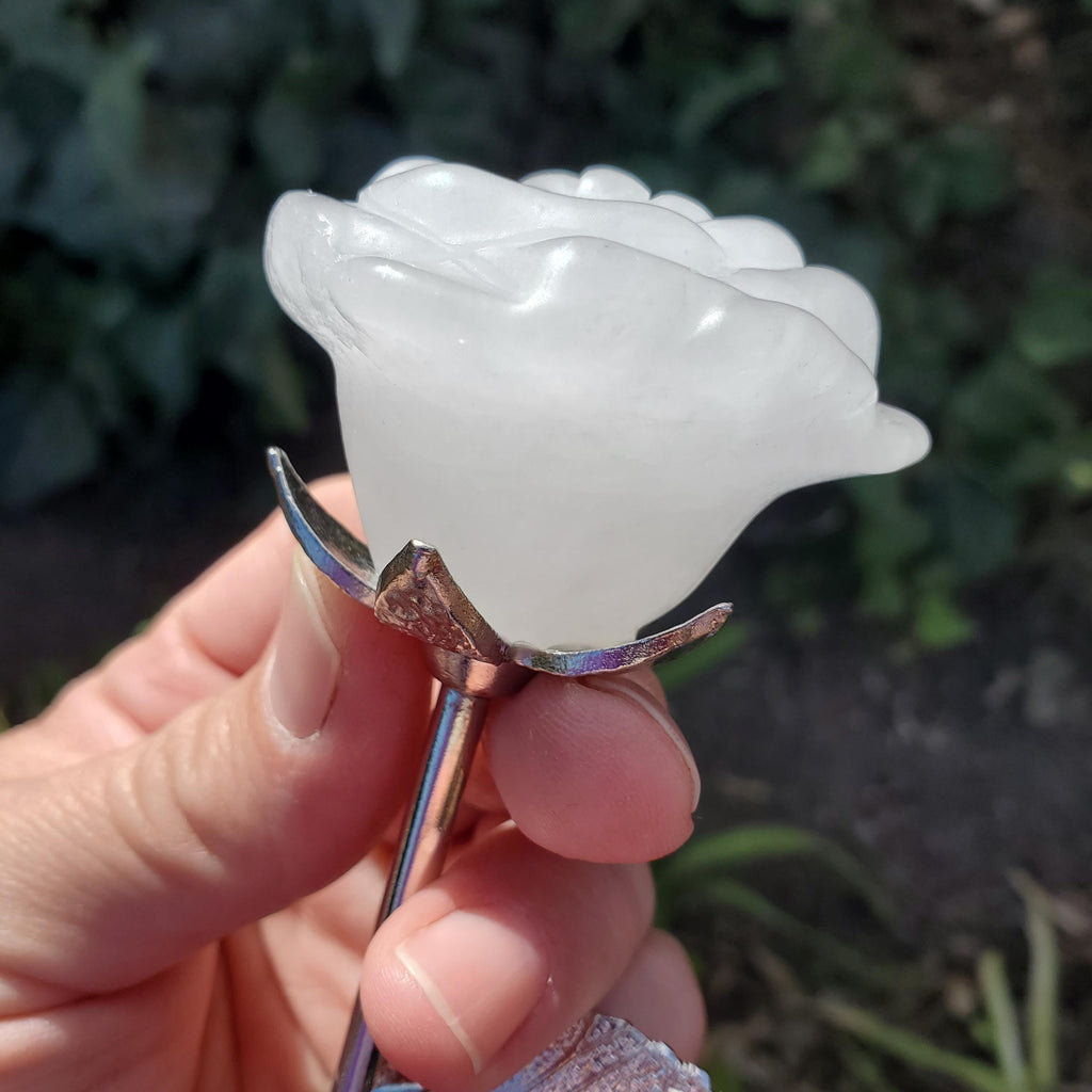 Quartz Long Stem Rose - Master Healer, Counteracts the Negative, Energizes Positive Energy - Clear Quartz Rose Healing Stone Statement