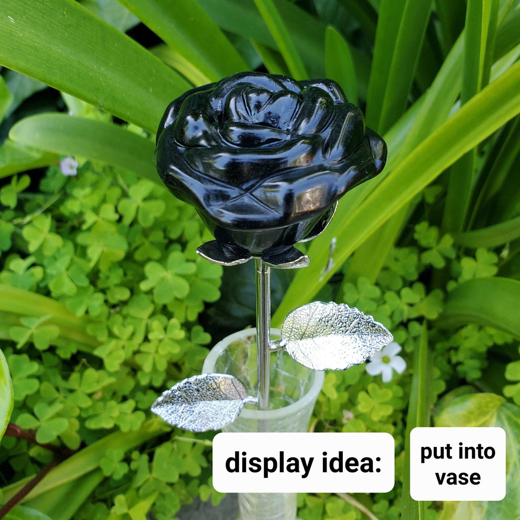 Black Obsidian Long Stem Rose - Self Reflection, Release Negativity, Increase Positivity - Crystal Rose Bud with Silver or Gold Stem
